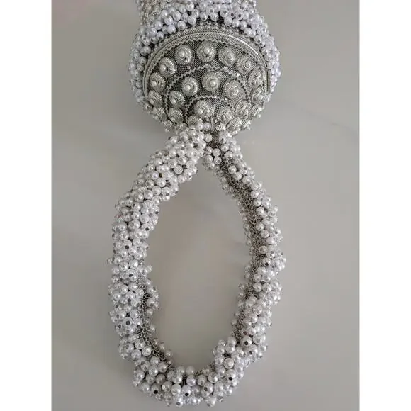 Ramla Cocktail Pearl Handmade Beaded Bag Silver Evening Clutch Purse Handbag - Picture 5 of 9